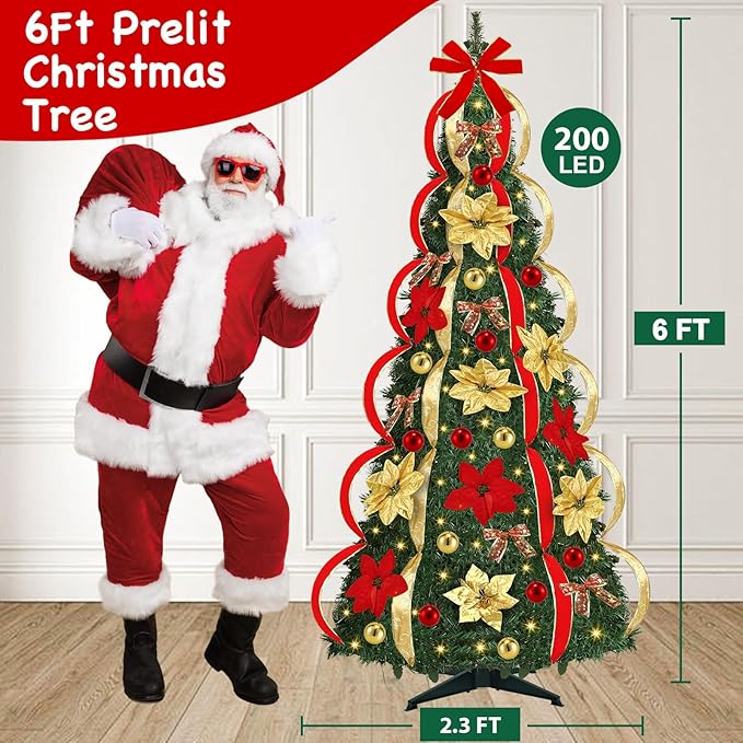 [ 8 Modes & Timer ] 6 Ft Prelit Full Pop Up Christmas Tree with 200 Warm White LED Lights, Ornaments, Red & Gold Ribbon, Bows, Plug in Collapsible Christmas Trees Outdoor Indoor Christmas Decor