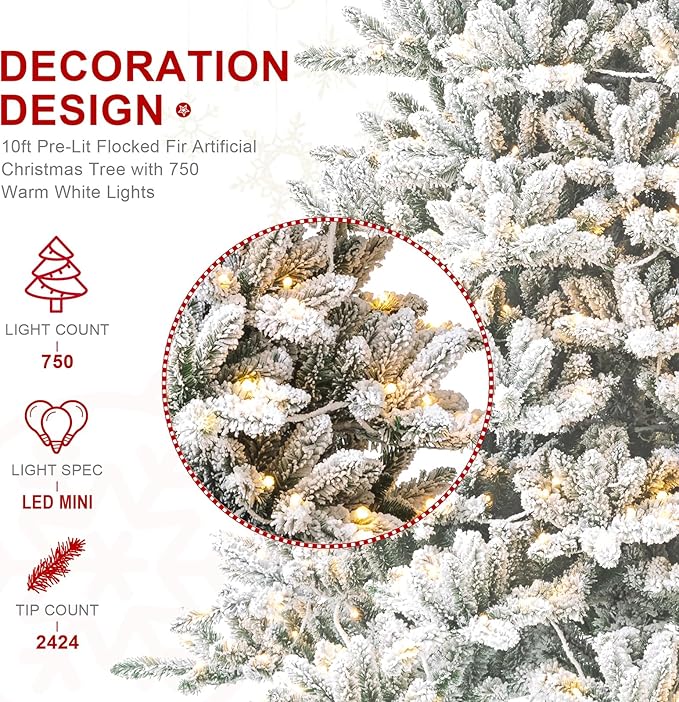 Glitzhome 10ft Pre-Lit Flocked Fir Christmas Tree, Hinged Artificial Christmas Tree with 750 Warm White Lights and Metal Base for Holiday Decoration