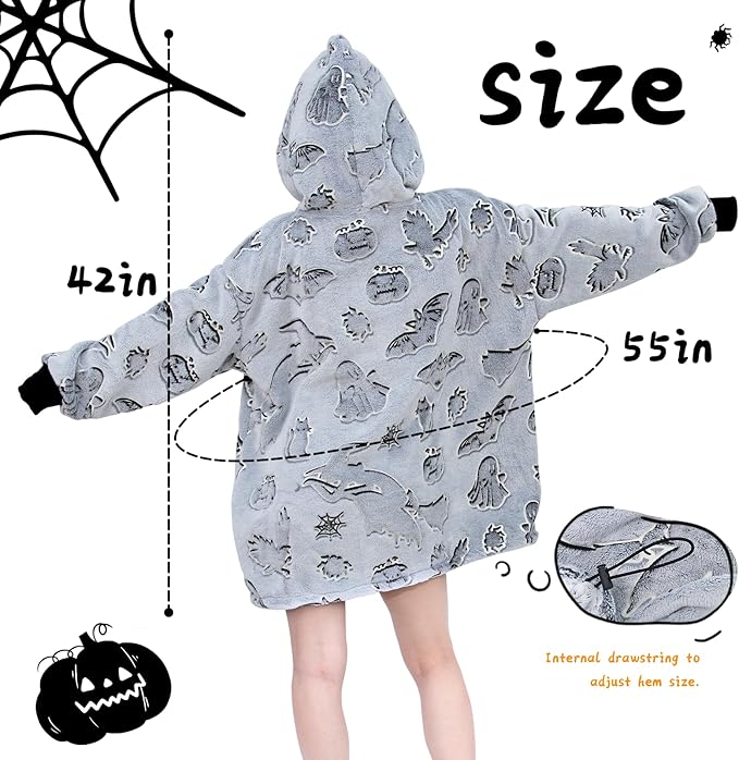 REXEO Halloween Blanket Hoodie Gifts for Kids - Wearable Blankets for Toddler 6-10 Year Old, Halloween Birthday Gifts Decorations, Flannel Hooded Blanket with Larger Pocket for Boys Girls
