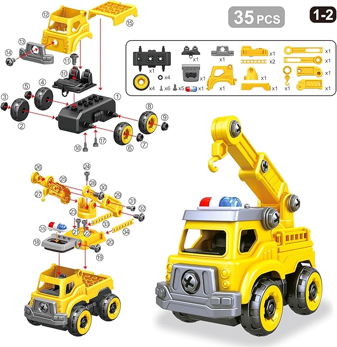 4-in-1 Take Apart Car Toys for Boys, DIY Engineering Construction Truck Toy Vehicle - Dump Truck, Cement Mixer, Excavator, Crane, Kids Building Educational Toy Gift for Age 3 4 5 6 7 8 Year Old Girls