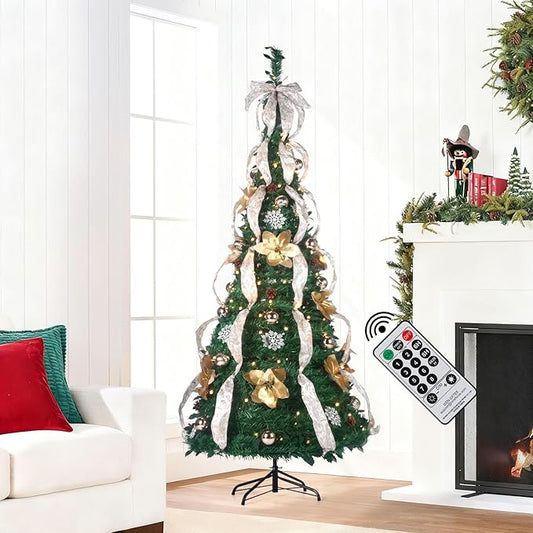 6.5FT Pop Up Christmas Tree Pre-Decorated with LED Lights Instant Setup Foldable Xmas Tree for Indoor&Outdoor All-Weather Remote Control