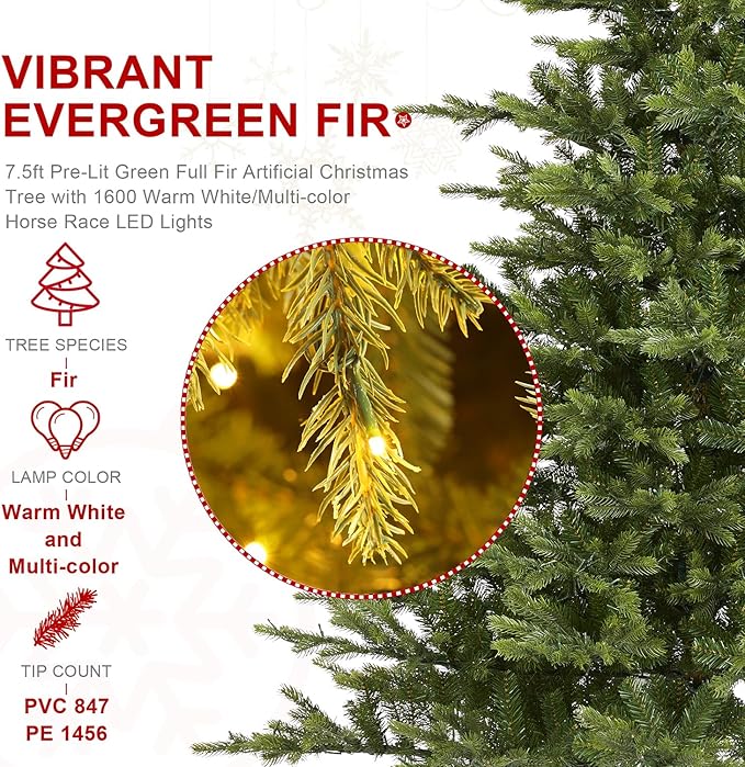 Glitzhome Prelit Christmas Tree, 7.5ft Green Full Christmas Tree Vibrant Evergreen Fir with 1600 Warm White/Multi-Color Horse Race LED Lights, 9 Function w/Foot Pedal and Remote Control,Easy Assembly