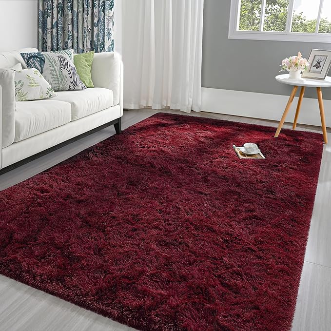 Pettop Fluffy Burgundy Rug for Bedroom Living Room, 8x10 Feet Super Soft Shaggy Plush Fuzzy Rugs for Girls Kids Boys, Non-Slip and Washable Rug for Nursery Classroom, Carpet for Rooms Decor