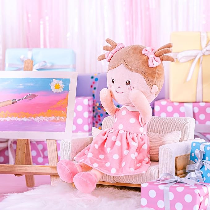 Onetoo Plush Rag Doll Sleeping Cuddle Buddy Doll Soft Baby Doll First Baby Doll Wear Coral Polka Dot Dress 14"（Milly Series）