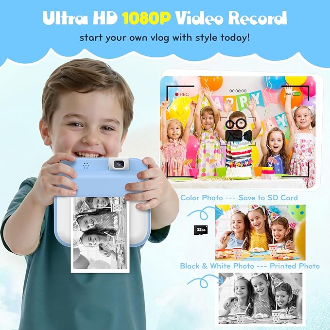Kids Camera Instant Print - Digital Camera with Flip Lens, Birthday Gift for Boys Girls, Instant Print Photos for Toddlers HD Selfie 1080P Video, Portable Travel Toys for 4 5 6 7 8 9 10 Years Blue