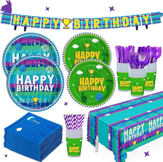 194pcs Video Game Birthday Party Decorations Party Plates Napkins Disposable Paper Cups Straws Banner Tablecloth Video Game Party Supplies Tableware Set for Kids Boys Birthday Decor 24 Guests
