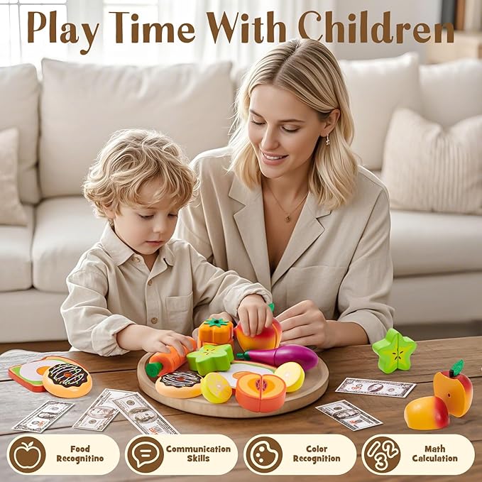Toyssa Wooden Play Food Sets for Kids Kitchen, Play Toy Foods for Toddlers with Realistic Colors & Play Money, Pretend Play Kitchen Accessories Christmas Birthday Gifts for Girls Boys 3 4 5 6 7