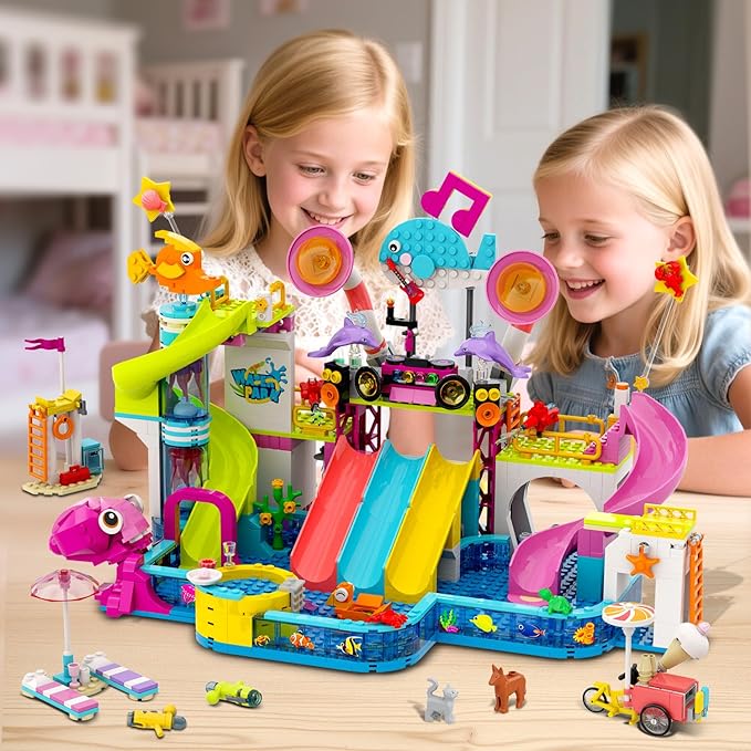 HOGOKIDS Friends Water Park Building Set, 911PCS Summer Fun Party Toy with 5 Water Slides, Creative Swimming Pool Block with Diving Platform & Bike Cart, Pretend Play Gift for Girls Boys Kid Age 8-12+