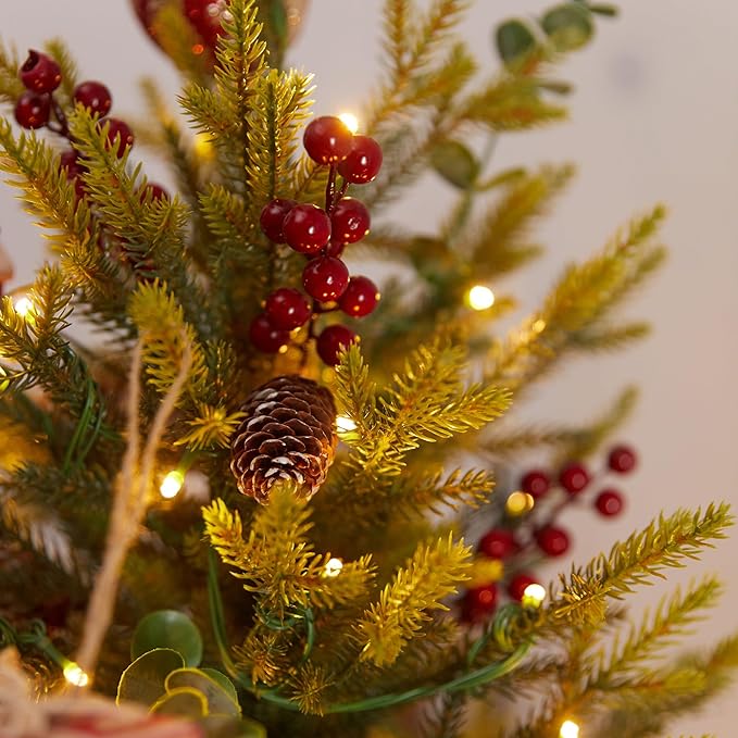 Artificial Christmas Tree with 300 Multi-Colored String Lights with 11 Modes, 6FT Prelit Christmas Tree with Red Berry and Pinecone, Xmas Tree with Foldable Stand Christmas Decorations Decor