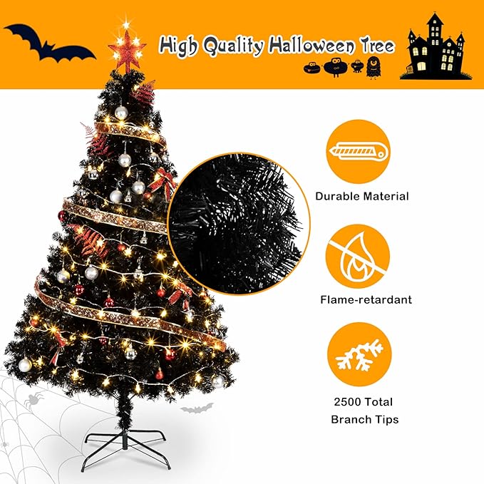 Bonnlo Upgraded Full 7.5ft Artificial Black Halloween Christmas Tree Holiday Decoration w/ 2500 Branch Tips, Sturdy Metal Stand
