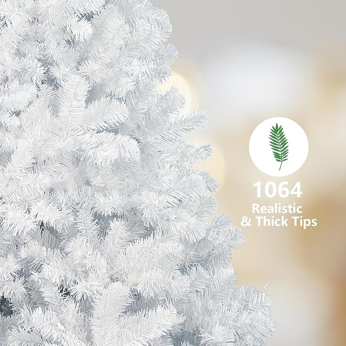 7ft White Christmas Tree with 1064 Steel Branch Tip,Unlit Premium Full Hinged Spruce Christmas Tree with Foldable Base, Artificial Xmas Tree for Easy Holiday Setup