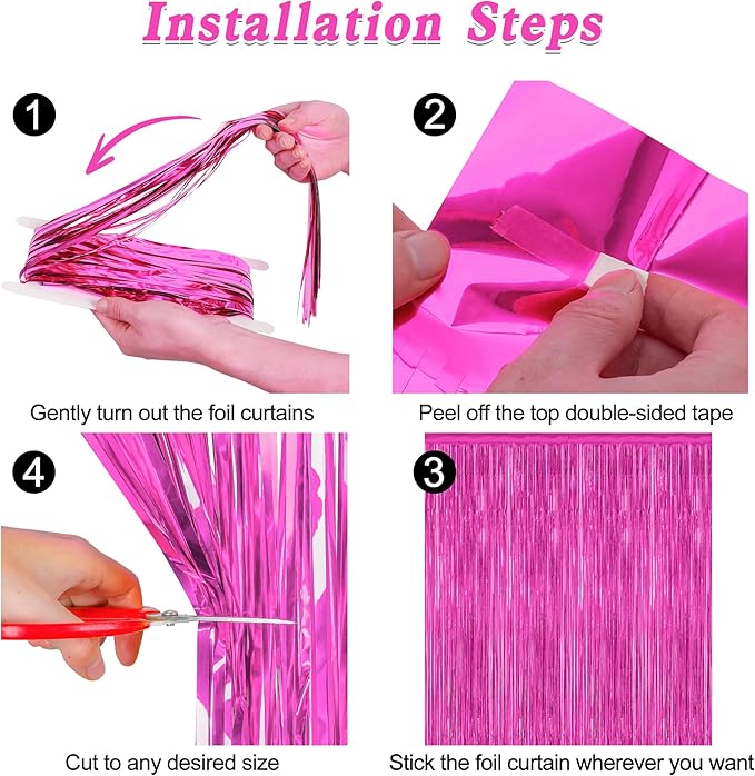 2 Pack Hot Pink Party Decorations, 3.28 FT x 7.05 FT Hot Pink Backdrop, Metallic Rose Red Photo Backdrop Foil Curtains Tinsel Backdrop, Metallic Pink Party Decor Wedding Party Supplies