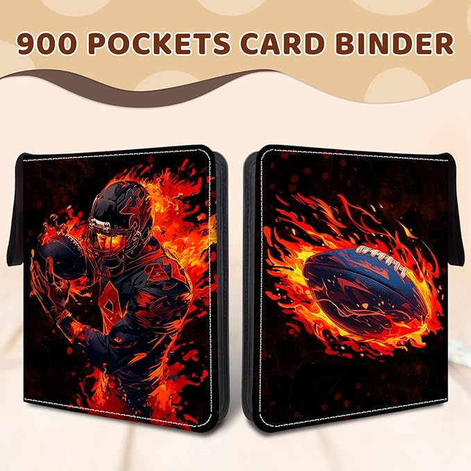 900 Pocket Football Card Binder, Trading Card Storage Album with 50 Durable 9-Pocket Pages, Football Design on Pocket Card Packs, Christmas Birthday Gifts for Zipper Closure Collector's Album