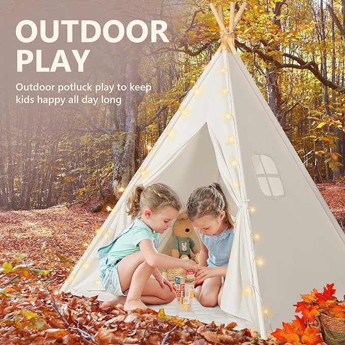 Sumbababy Teepee Tent for Kids Tent Indoor with Mat - 100% Cotton White Toddler Tee Pee Tents Play House- Collapsible Tents for Slumber Party - Washable Tipi Boho Bedroom Gift Toys for Girls & Boys