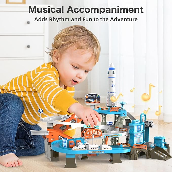 53PCS Space High-Speed Rail Adventure Track Set-Electric Elevator, Rotating Slide, 3 Mini Police Cars & Train, Lights & Music, Interactive Adventure Playset Fun for Kids 3+, Ideal Gift