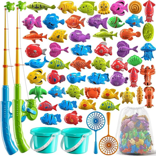 Magnetic Fishing Game Pool Toys for Kids 3-5, Water Table Bathtub Kiddie Party Toy with Pole Rod Net Plastic Floating Fish, Outdoor Toys for Kids Age 3 4 5 6 7 8 Year Old
