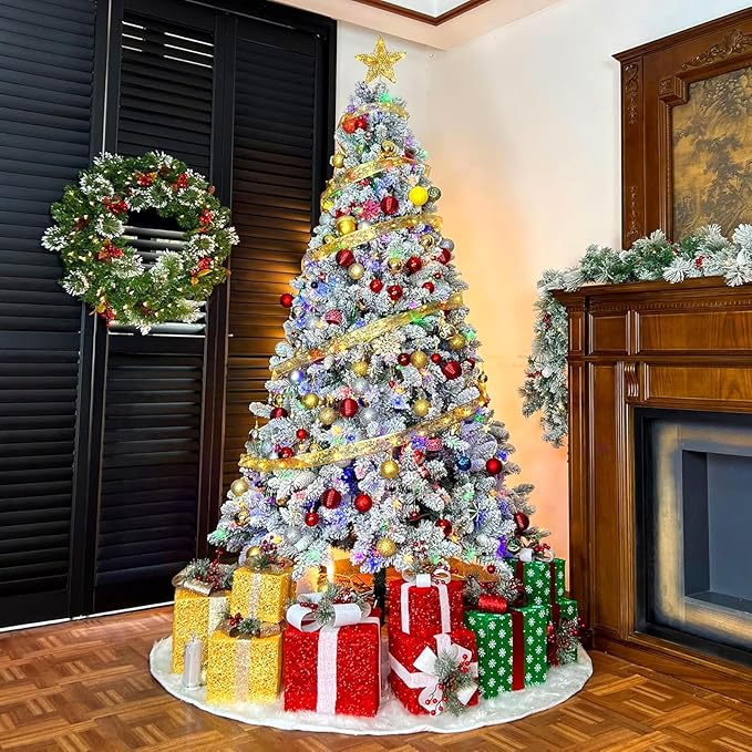 7.5ft Lighted Snow Flocked Christmas Tree, 450 Multicolor LED Lights, Artificial Christmas Tree with 1446 Branch Tips, Metal Stand & Hinged Branches for Decoration, 10 Modes