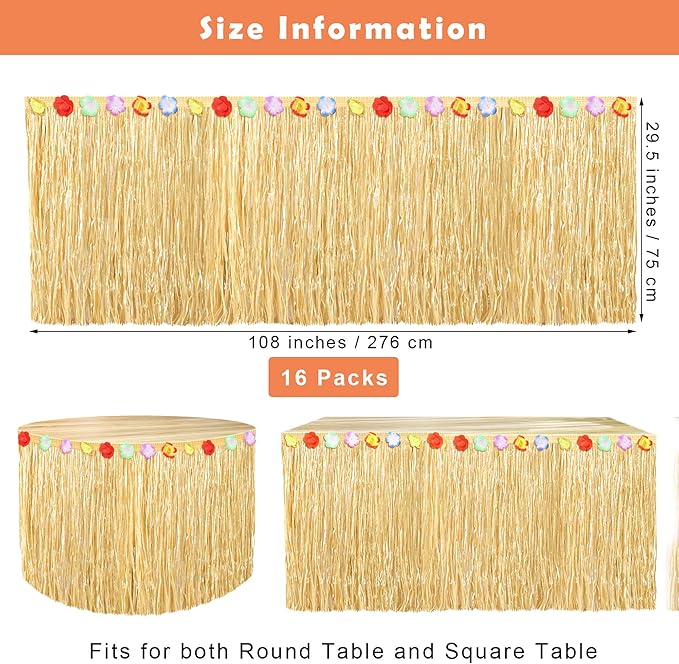Fovths 16 Pack Luau Grass Table Skirt Natural 9 Feet x 29.5 Inch Hawaiian Table Skirt for Tropical Hawaiian Party Decorations Luau Party Costume Party, Straw Yellow