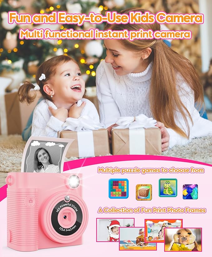 WONNIE Kids Camera Instant Print,1080P Selfie Digital Camera with 2.4" Screen & 32GB Card,Toddler Portable Toy for Ages 3-12,Christma-s Birthday Gifts for 3 4 5 6 7 8 9 Year Old Girls Pink