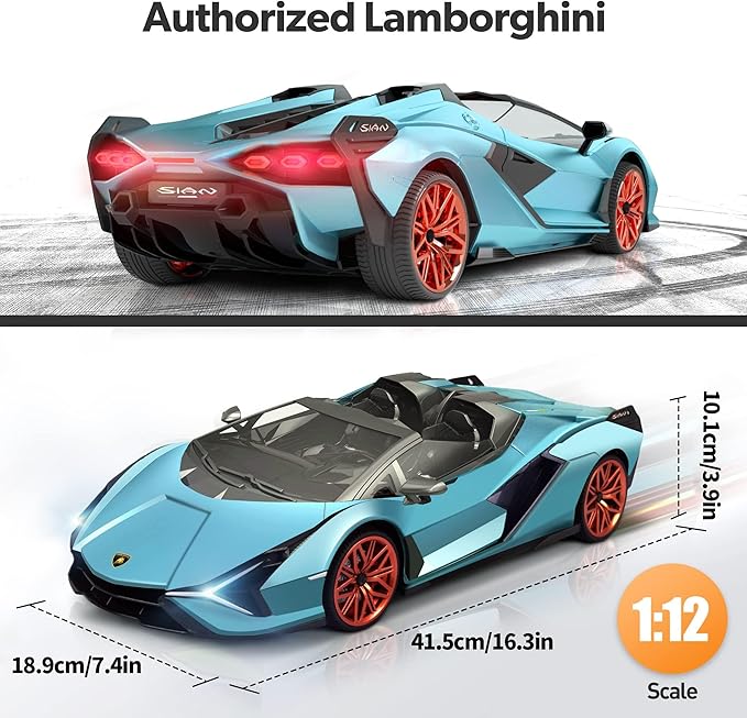 MIEBELY Lamborghini Remote Control Car, 1:12 Scale Lambo Toy Car 7.4V 900mAh Officially Licensed 12Km/h Fast Rc Cars with Led Light 2.4Ghz Model Car for Adults Boys Girls Birthday Ideas Gift - Blue