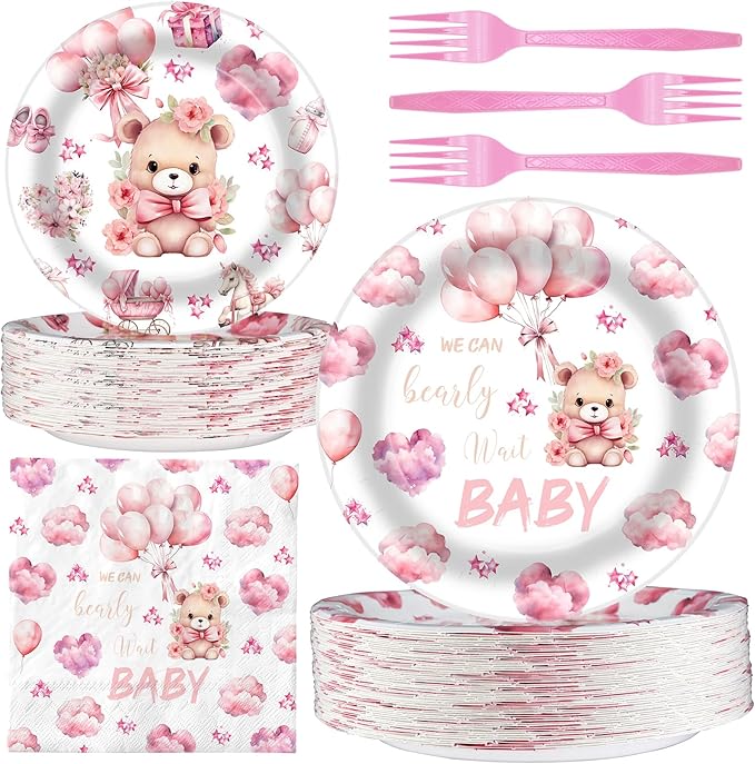 40 Guests We Can Bearly Wait Baby Shower Plates – Pink Teddy Bear Plates and Napkins Set for Girl Baby Shower Decorations