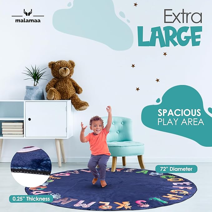 ABC Kids XL 6 ft Alphabet Rug - Nursery & Classroom - Circle Blue