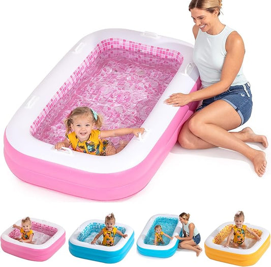 2-in-1 Inflatable Kiddie Pool, 65"x39"x10" (5'5") Soft Cushioned Floor, Handles, Drain, Shallow Rectangular Blowup Swimming Pool for Kids Age 2+ Toddler Ball Pit, Small Adult Backyard Tanning Pool