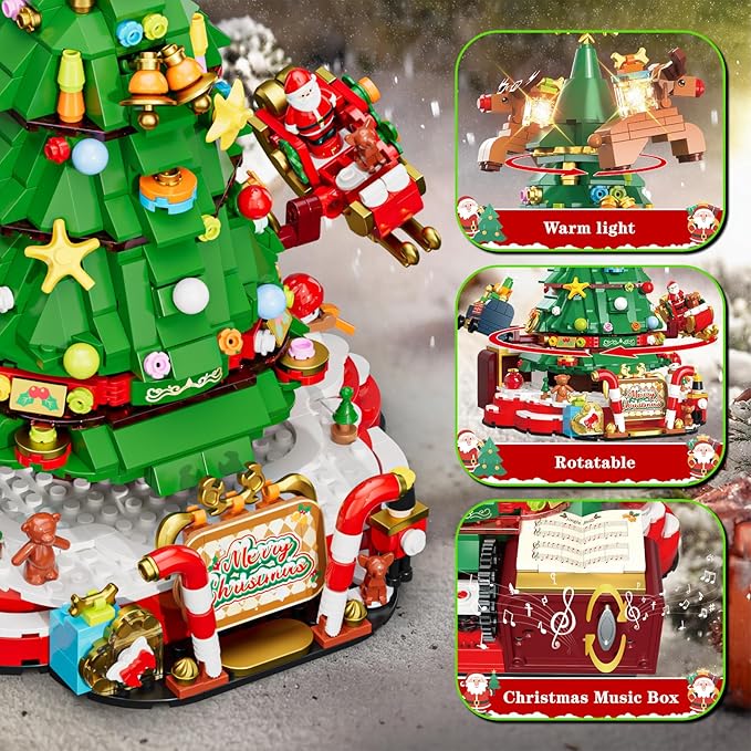 Christmas Tree Building Set with Lights, Christmas Tree Building Blocks Set with Music Box, Flying Reindeer, and Santa Claus Riding a Sleigh, Christmas Toy for Kids 8+ (881 PCS)