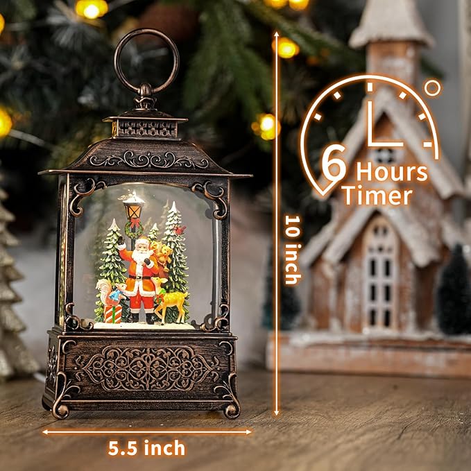 Snow Globe with Santa Claus Reindeer, Light Up Christmas Snow Globes with Music Timer - USB Plug or Battery Operated Glitter Globe Indoor Christmas Decorations