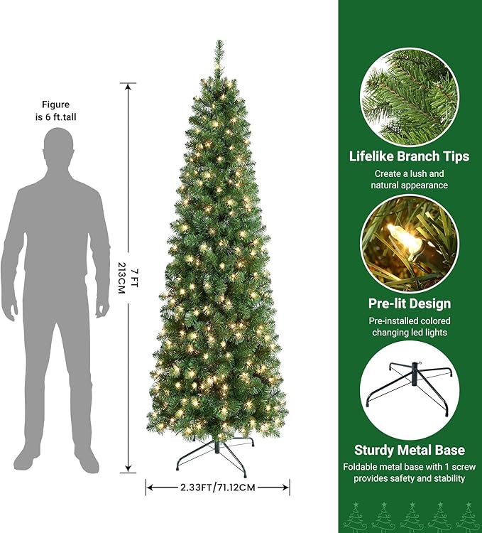 SHareconn 7 ft Prelit Artificial Hinged Slim Pencil Christmas Tree with Warm White Lights, Full Branch Tips, Good Choice Decoration for Xmas Holiday, 7 FT, Green
