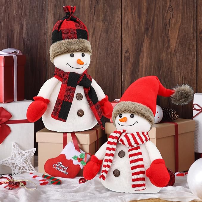2 Pcs Christmas Table Decorations Christmas Plush Snowman Figurines Xmas Tabletop Ornaments for Home Kitchen Mantel Fireplace Window Sill Xmas Gift Holiday Party Decor