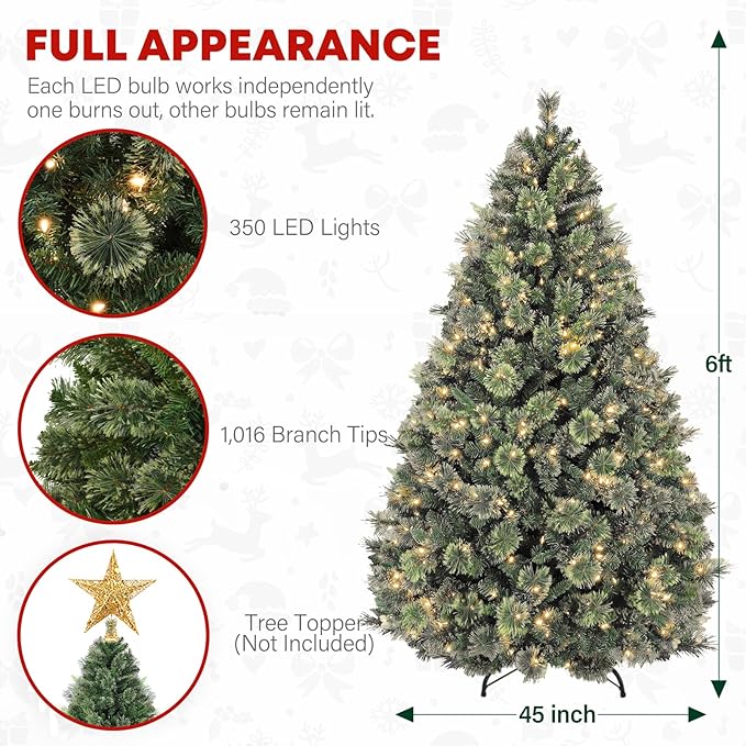 6 ft Prelighted Pine Christmas Tree, 350 Warm White LED Lights, Artificial Christmas Tree with 1016 PVC Branch Tips, Premium Stand, Easy Assembly for Indoor Holiday Decorating