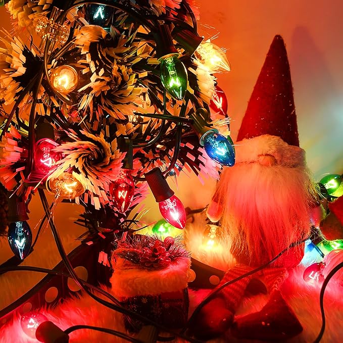 C7 Multicolor Christmas Lights Outdoor, 25FT Vintage Christmas Light Green Wire with 25+2 Clear Multicolored Bulbs, Outdoor String Lights for Xmas Tree Home Yard Wedding Party Decorations