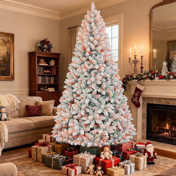 Hykolity 6ft Pre-lit Flocked Christmas Tree with Remote Control, 250 Multi-Color RGB Lights,1032 PVC Branch Tips, 15 Mode Artificial Hinged Christmas Tree for Home