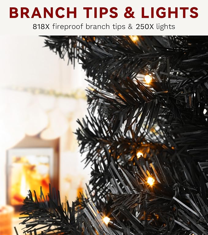 DWVO 6ft Pre-lit Black Christmas Tree with Lights, Prelit Halloween ChristmasTtrees with 818 Tips & 250 UL Listed Lights, Automatic Branches & Easy Assembly with Remote Control for Home Party