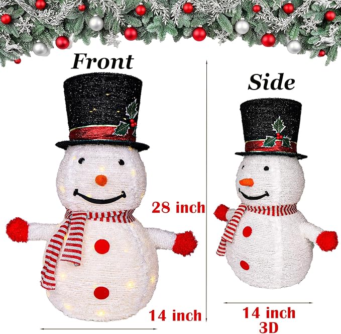 Snowman Outdoor Christmas Decorations, 28 Inch Collapsible Snowman Christmas Decorations with 75 LED Lights, Light Up Xmas Yard Decor, Lighted Porch Lawn Decor