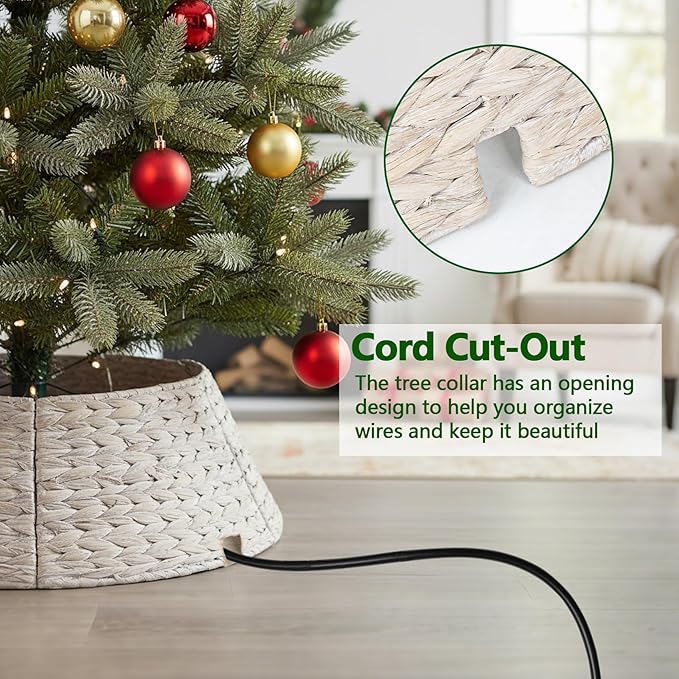 Christmas Tree Collar 24'' D Handmade Hyacinth Tree Collar Basket Rattan Wicker Christmas Woven Tree Ring Stand Base Cover for Christmas Holiday Decoration-White Washed