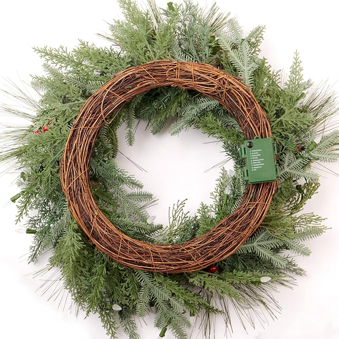 Pre-lit Christmas Wreath for Front Door, Flocked Branches, 30 Inch Battery Operated 50 LED Lights, Decorations for Indoor & Outdoor Green