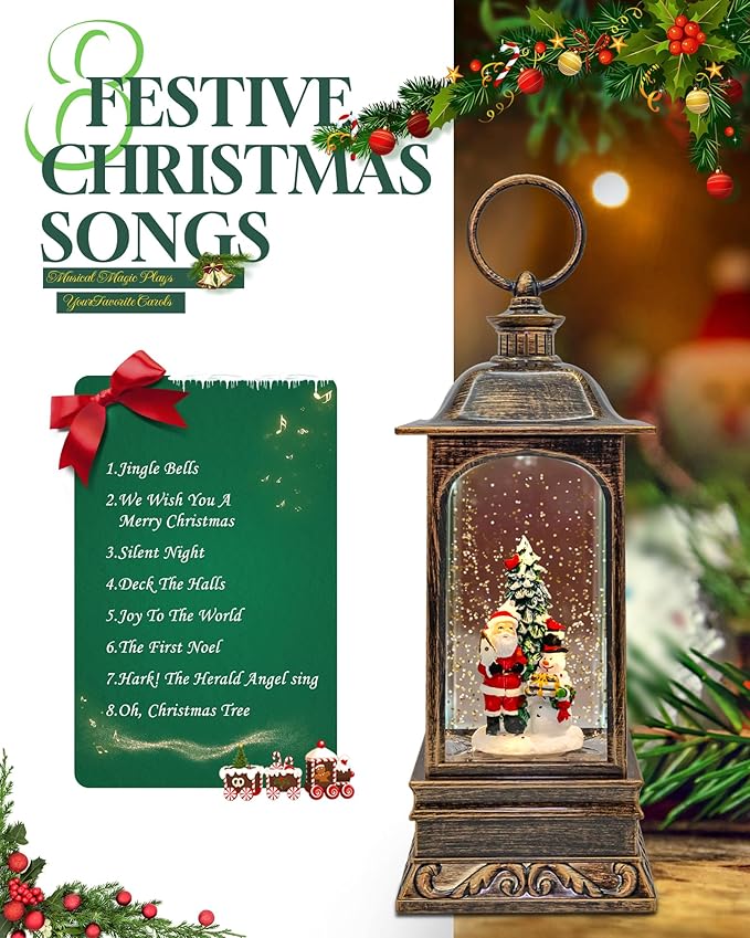 Musical Christmas Snow Globes Lantern, 11" Lighted Electric Snowglobes with 8 Holiday Songs, 6H Timer Dual Power, Santa & Snowman Christmas Ornaments Snow Globe for Kids Adults, Gifts for Men Women
