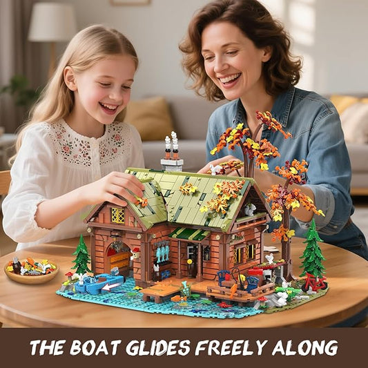 Overwater Cabin Mini Building Set with Light, 2423 PCS Wooden Forest House Building Block Toy with Boat Bike Animals, Home Decor Treehouse Construction Model Kit for Adults Teens Boys Girls 12+