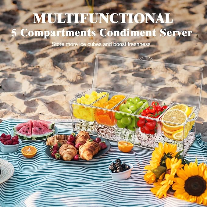 5 Compartment Condiment Server, Ice Chilled Condiment Containers with Lid, Clear Condiment Caddy Serving Tray on Ice with 5 Serving Spoons 5 Fruit Forks 2 Serving Tongs
