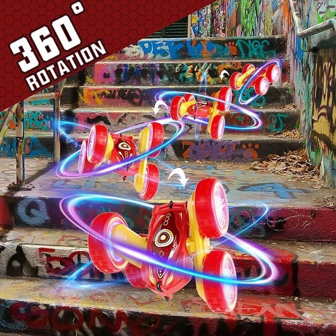 RC Stunt Cars, Gesture Sensor Remote Control Car, 4WD Remote Control Monster Trucks, 2.4Ghz RC Rock Crawler with Headlights Wheel Lights, Double Sided 360° Flips RC Car Toys for Kids Boys Girls (Red)