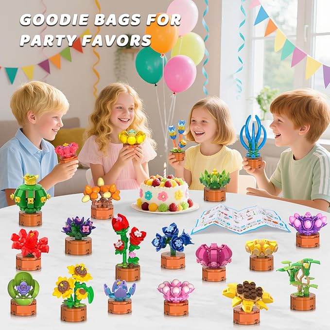 24 Pack Flowers Succulent Party Favors for Kids Building Set - 1012PCS Botanical Bonsai 3.6MM Mini Building Blocks Toy for Classroom Prizes Easter Basket Stuffer Birthday Gift for Girl Boy 6+