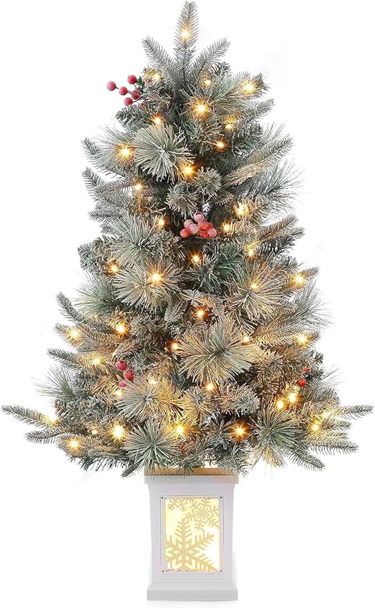 3FT Prelit Artificial Christmas Tree with Lights, 3 Foot Artificial Christmas Tree with Snowflake Base, 78 LED Prelit Christmas Tree, Battery Operated, Timer, Easy Assembly, Winter Holiday Decor