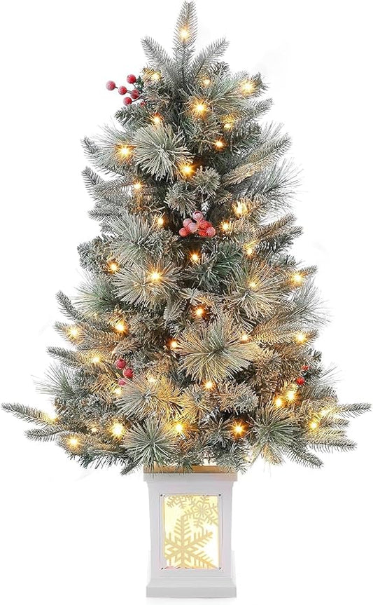 3FT Prelit Artificial Christmas Tree with Lights, 3 Foot Artificial Christmas Tree with Snowflake Base, 78 LED Prelit Christmas Tree, Battery Operated, Timer, Easy Assembly, Winter Holiday Decor