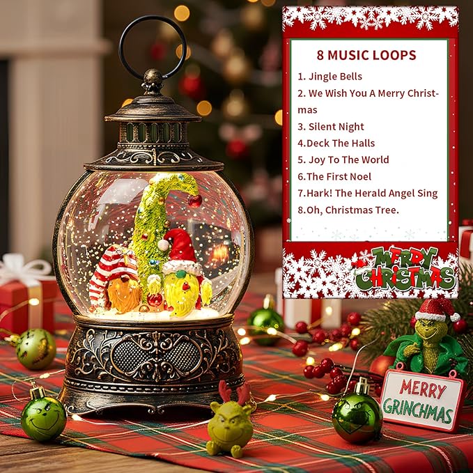 Christmas Snow Globe Lighted Gnomes Santa Elf Whimsical Christmas Tree Scene, Musical Snow Water Lantern Swirling Glittering Home Decoration and Gift, Battery Operated or USB Powered