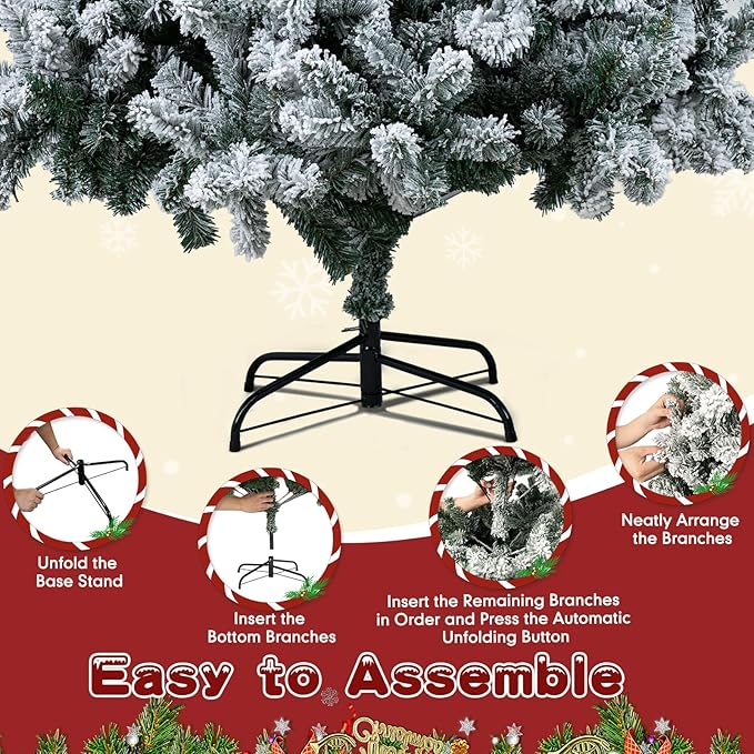 6Ft Prelit Christmas Tree,Snow Flocked Artificial Hinged Holiday Christmas Pine Tree,Xmas Tree w/400 LED Lights and 1200 Snow Flocked Branch Tips for Home,Office,Party Decoration