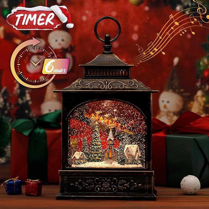 6H Timer Lighted Snow Globe with Music, Swirling Glitter Christmas Lantern, Thanksgiving Decor, Table Party Decorations (Reindeer, Santa Claus and Church)