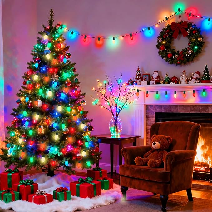 25FT C7 Ceramic Multicolor Christmas Lights Outdoor, Vintage Christmas Lights Green Wire with 25+2 Multicolored C7 Light Bulbs, Hanging String Light for Xmas Tree Home Yard Party Decor, 5W, E12 Base