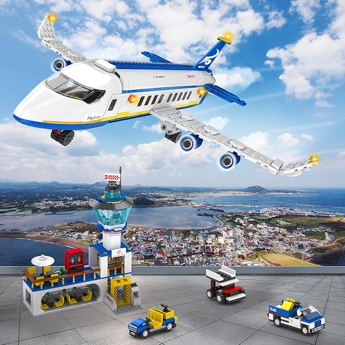 886 Pcs City Airport Passenger Terminal Building Set, 6 IN 1 Airplane Building Blocks Toy, STEM Aircraft Bricks with Shuttle Bus,Luggage Cart,Planes Model Toys Gifts for Adults Boys Ages 6-12+